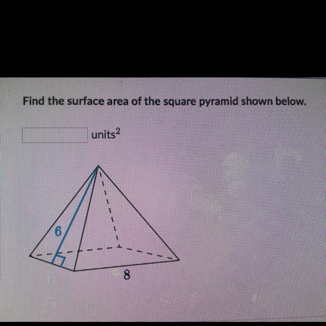 Find the surface area of the square pyramid shown below. units2 6 8-example-1