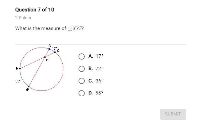 What is the measure of angle XYZ? Angles 17 and angles 55.-example-1