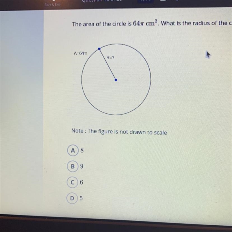 The area of the circle is 64pie cm. What is the radius in cm?-example-1