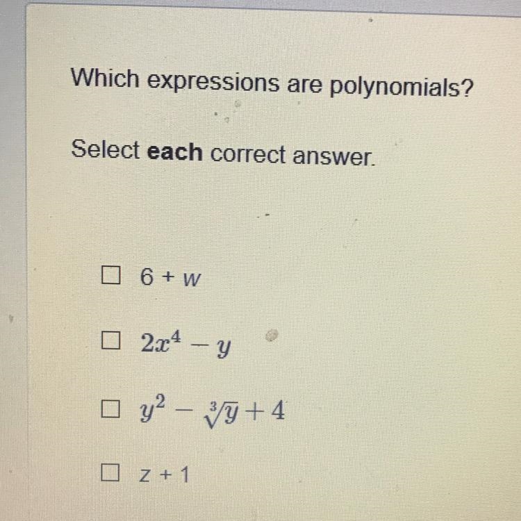 Which expression are polynomials? Select Each correct answer-example-1