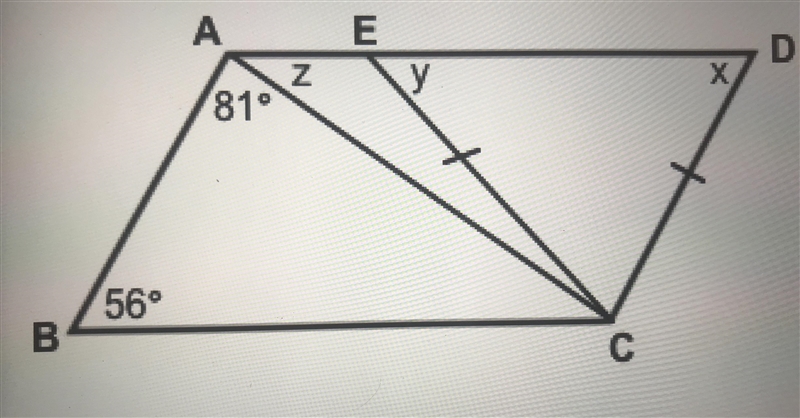 Need to find angle z please help. Angle x and y are 56 degrees.-example-1