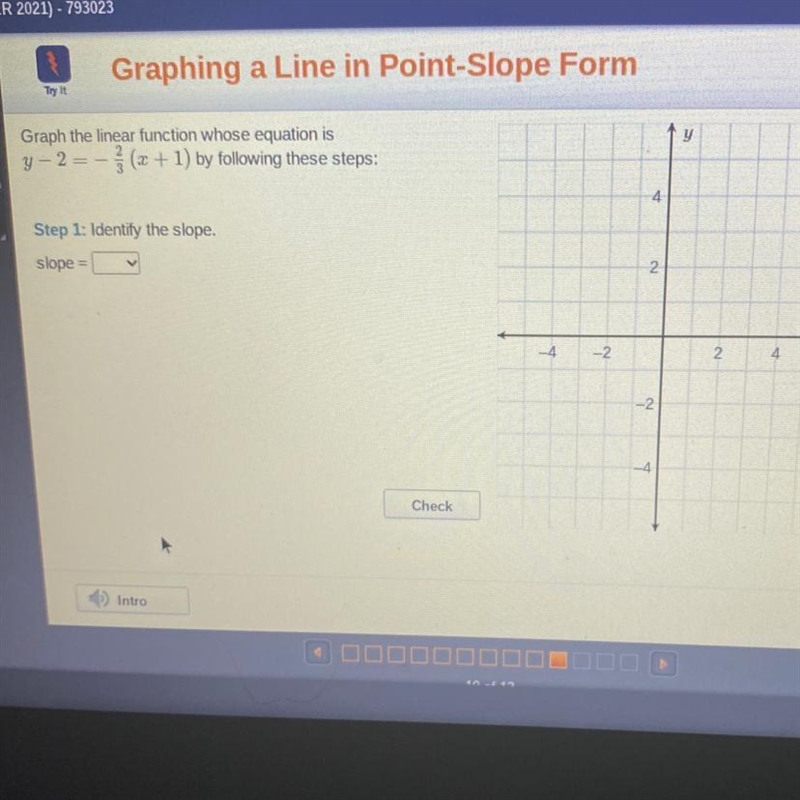 Graph the linear function whose equation is y - 2 = - * (x + 1) by following these-example-1