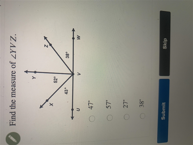 Find the measure of YVZ-example-1