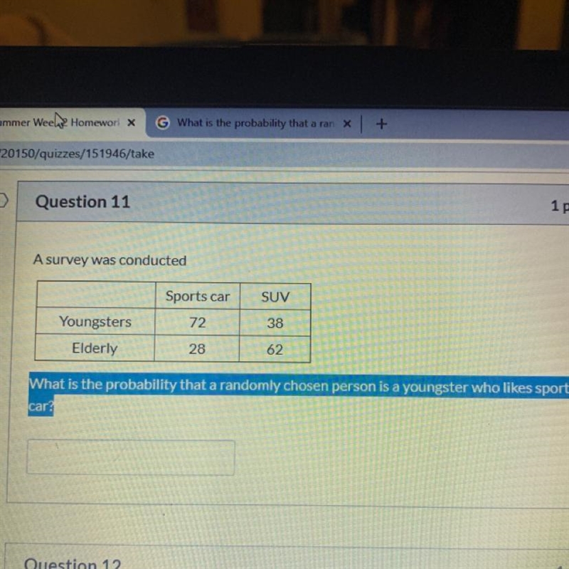 A survey was conducted Sports car SUV Youngsters 72 38 Elderly 28 62 What is the probability-example-1