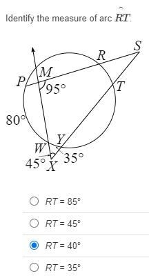 Identify the measure of arc RT. HELP ASAP!-example-1