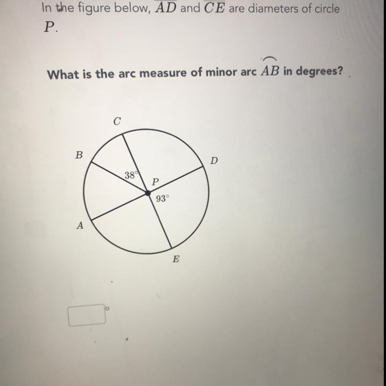 What is the arc measure of minor arc AB in degrees?-example-1