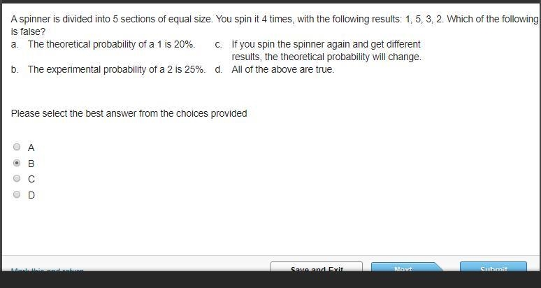 A spinner is divided into 5 sections of equal size. You spin it 4 times, with the-example-1