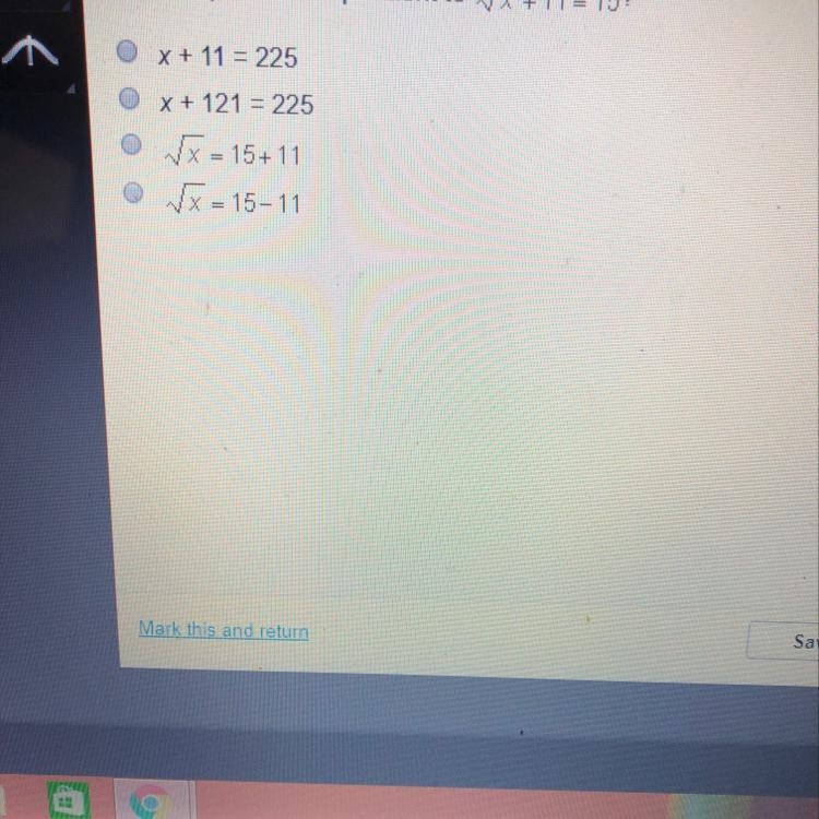 Which equation is equivalent to Sq rt x+ 11 = 15?-example-1