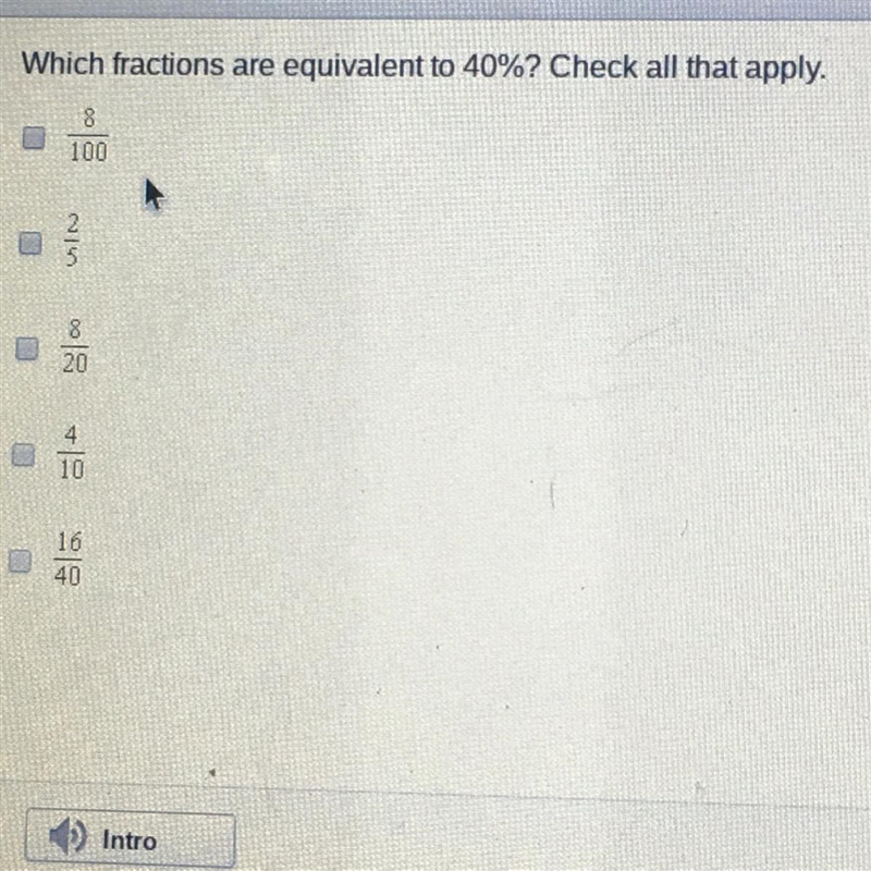 Which fractions are equivalent to 40%?-example-1