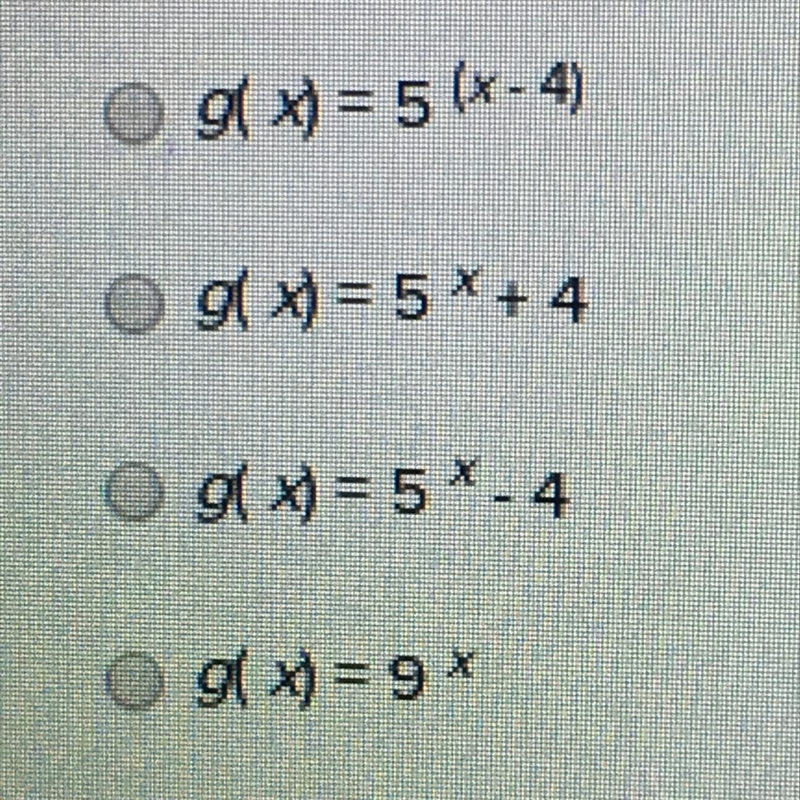 Which function represents a horizontal shift of f(x) = 5x by 4 units to the right-example-1