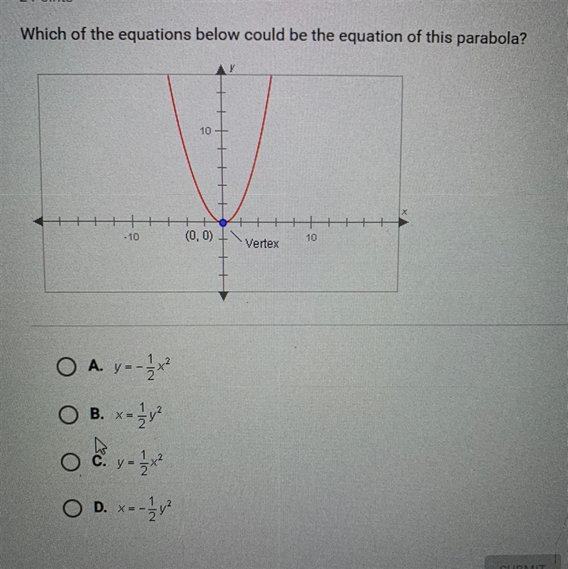 Which equation below could be the equation of this parabola? A.y=-1/2x^2 B.x=1/2y-example-1