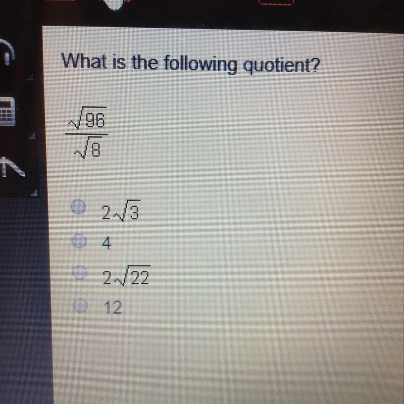 VERY IMPORTANT I NEED HELP!!! What is the following quotient? /96 ^ 2.3 2/22 12-example-1