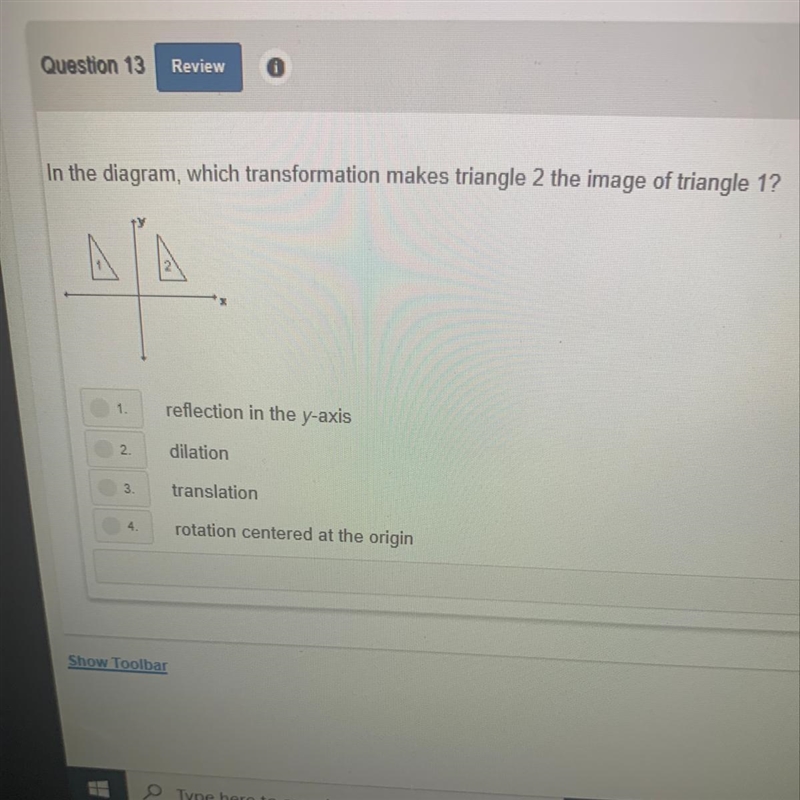 Which transformation makes triangle 2 the image of triangle 1?-example-1