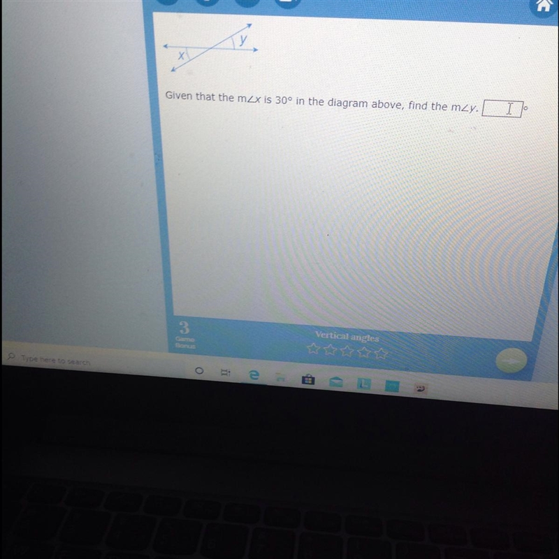 Given that m angle x is 30 degrees in the diagram above find the m angle y please-example-1