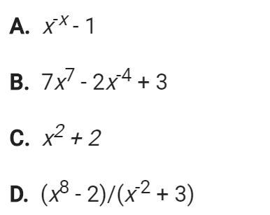 PLEASE HELP! Which of the following is a polynomial?-example-1