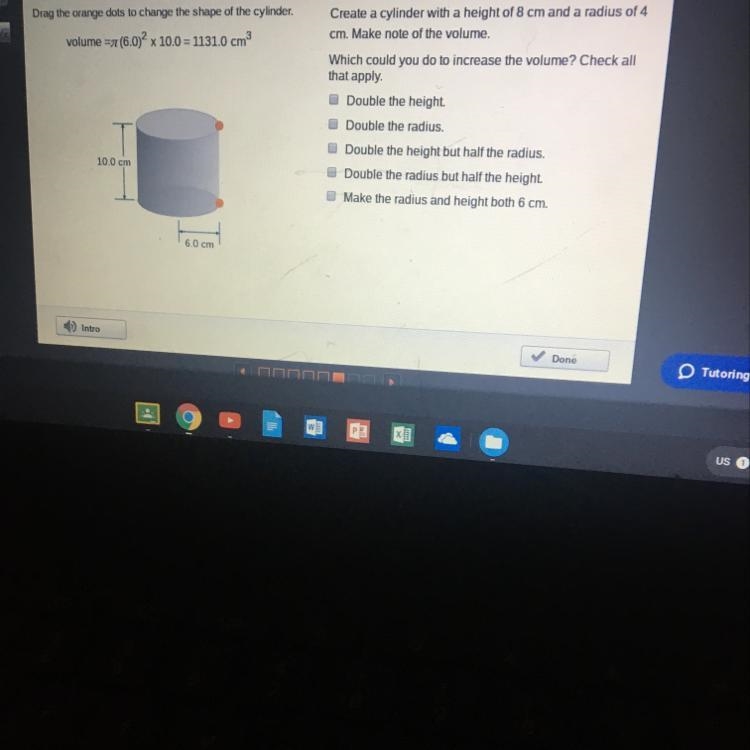 Create a cylinder with a height of 8 cm and a radius of 4 cm. Make note of the volume-example-1