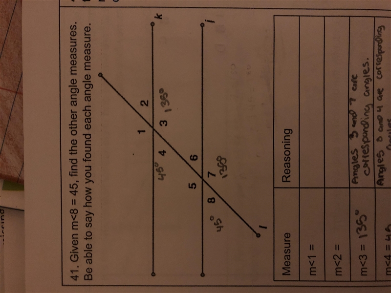 Given the m<8=45, find the other angle measures. Be able to say how you found each-example-1