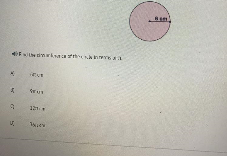 12) 6 cm Find the circumference of the circle in terms of it. 671 cm 9 cm 1211 cm-example-1