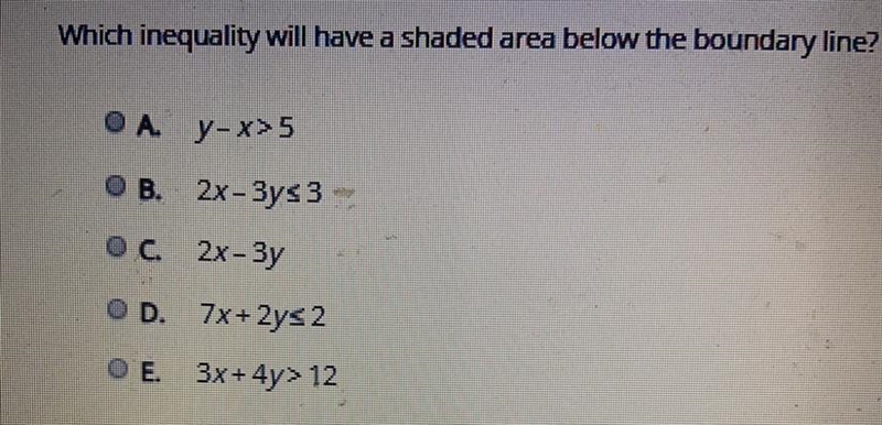 Which inequality will have a shaded area below the boundary line?-example-1