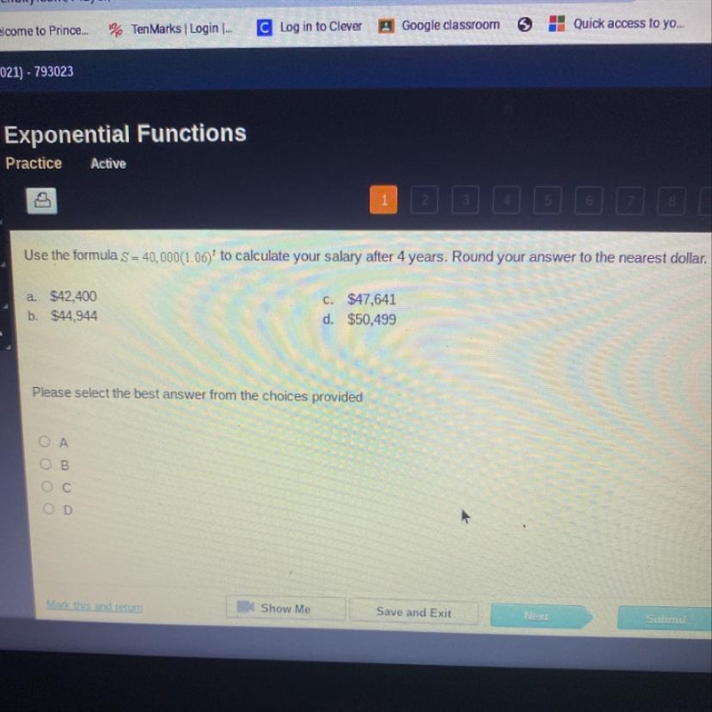 Use the formula S = 40,000(1.06)' to calculate your salary after 4 years. Round your-example-1