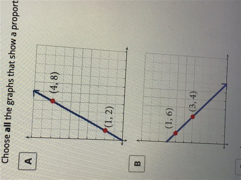 Choose all the graphs that show a proportional relationship A, B, C, D (Multiple choice-example-2