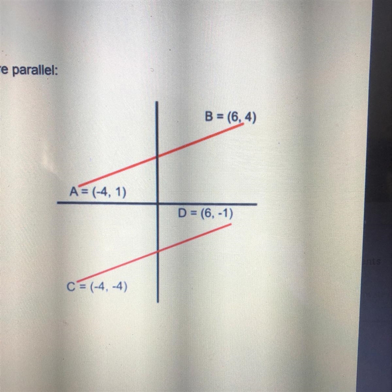 2) Prove that these two lines are parallel: B = (6,4) A= (-4,1) D = (6,-1) C = (-4,-4)-example-1