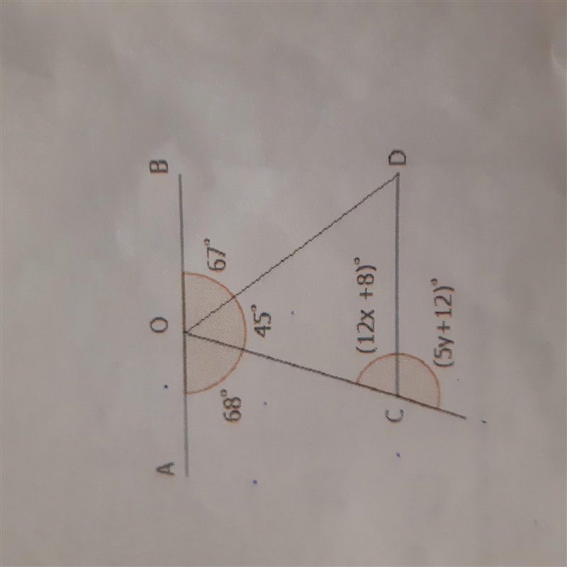 In the figure, AOB II (parallels) CD, find the values of x and y.-example-1