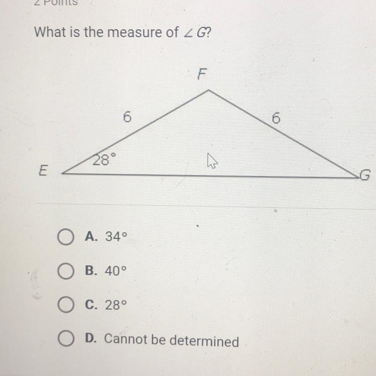 What is the measure of 2 G? A A. 340 O O B. 40° O O O D. Cannot be determined-example-1