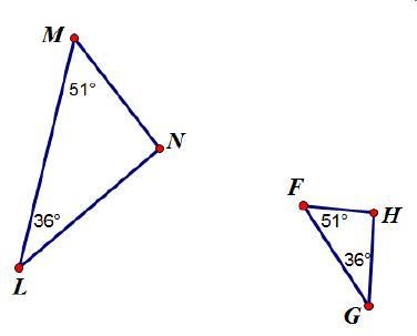 Which best describes the relationship between the two triangles below? Triangle M-example-1