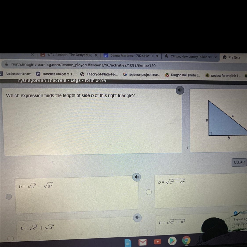 Which expression finds the length of side b of this right triangle?-example-1