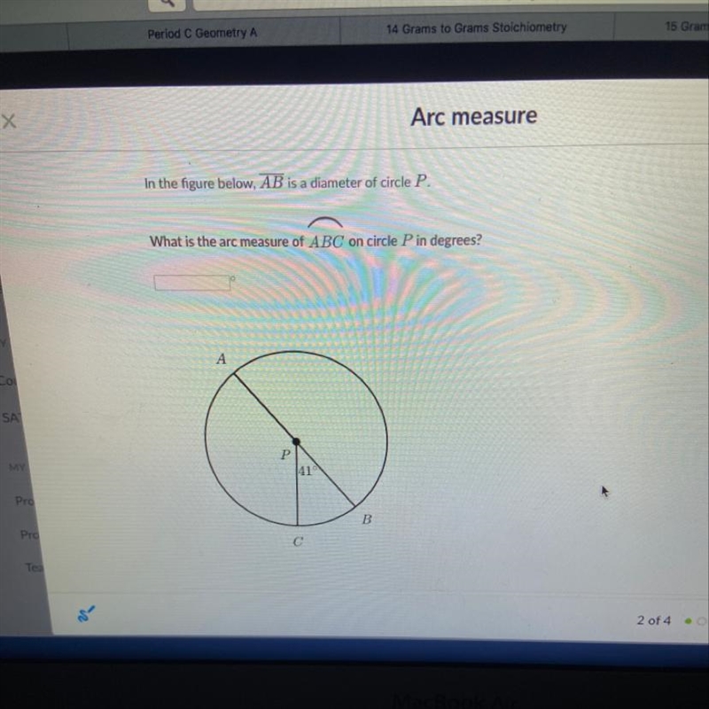 What is the arc measure of ABC on the circle P-example-1