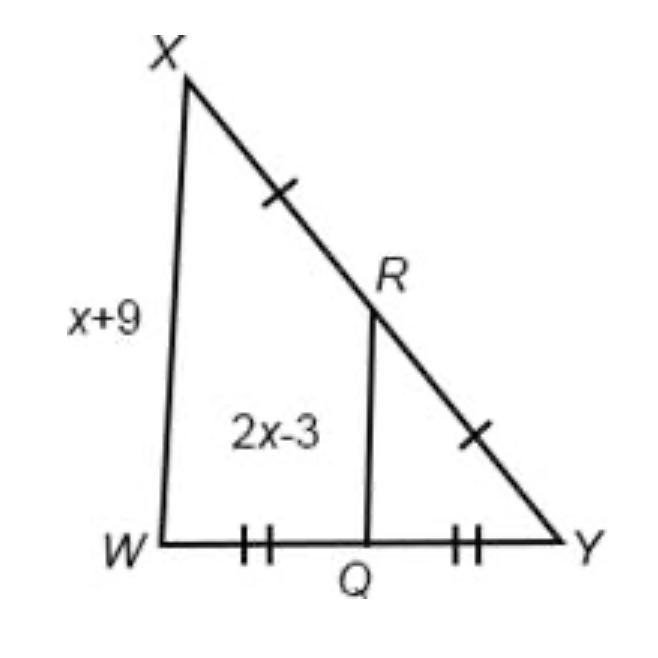 In the diagram, XW = x + 9 and RQ = 2x – 3. Solve for x. Question 3 options: A) 7 B-example-1