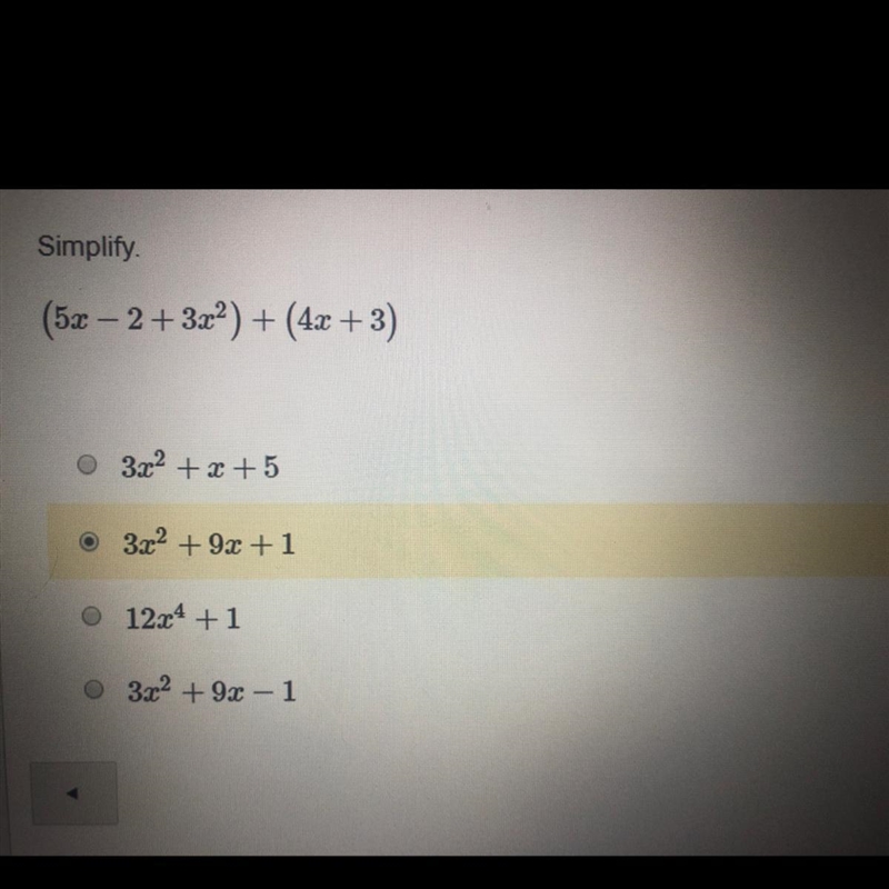 Simplify. (5x-2+3x^2)+(4x+3) Thank you:)-example-1