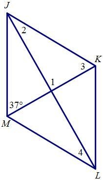 Given that JKLM is a rhombus, find m angle 3. A. 18.5° B. 37° C. 53° D. 71.5°-example-1