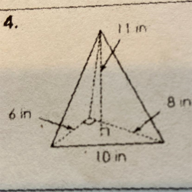 Find the volume of the pyramid V=1/3 times Base times Height B= 1/2 times the base-example-1