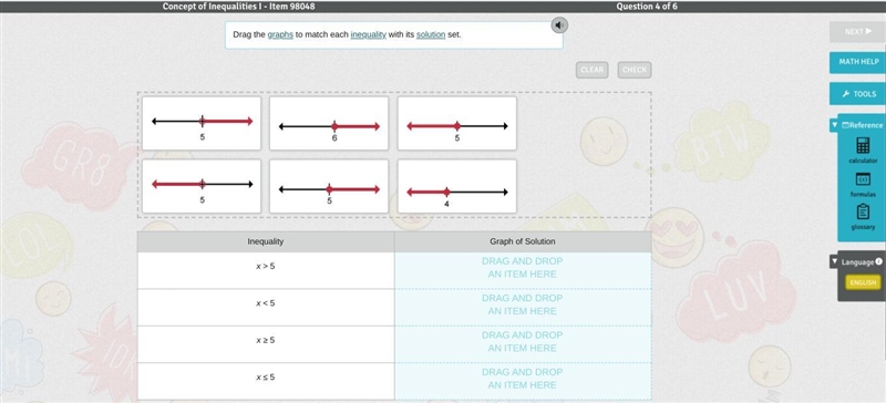 Drag the graphs to match each inequality with its solution set.-example-1