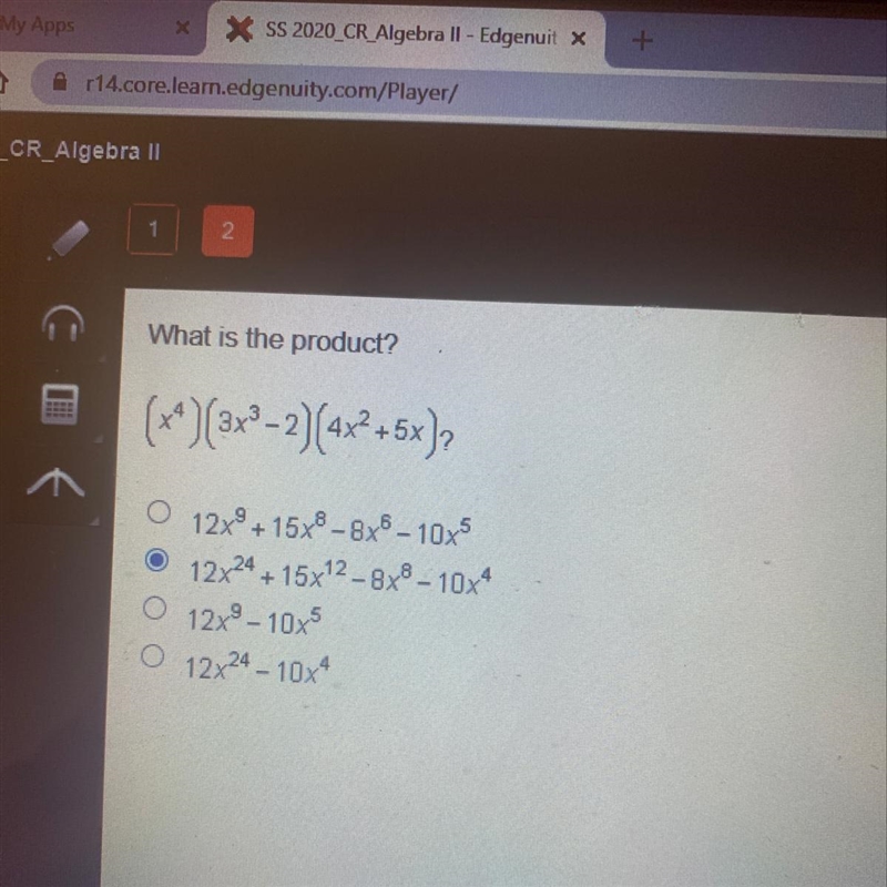 What is the product? (x^4)(3x^3-2)(4x^2)(4x^2+5x) (A 12x^9+15x^8-8x^6-10x^5 (B 12x-example-1