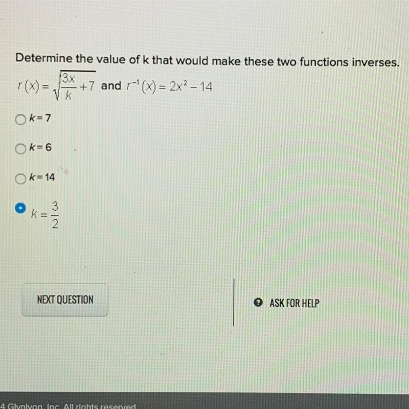 PLEASE HELP ASAP!! Determine the value of k that would make these two functions inverses-example-1