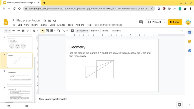 Find the area of the triangle if A and B are squares with sides that are 5 cm and-example-1