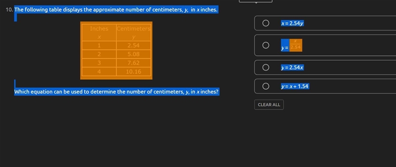 The following table displays the approximate number of centimeters, y, in x inches-example-1