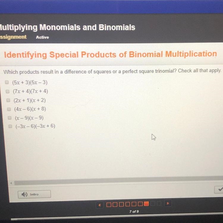 Which products result in a difference of square or perfect square trinomial? Plzzz-example-1