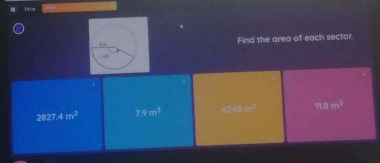 Find the area of each sector 3m 150°​-example-1