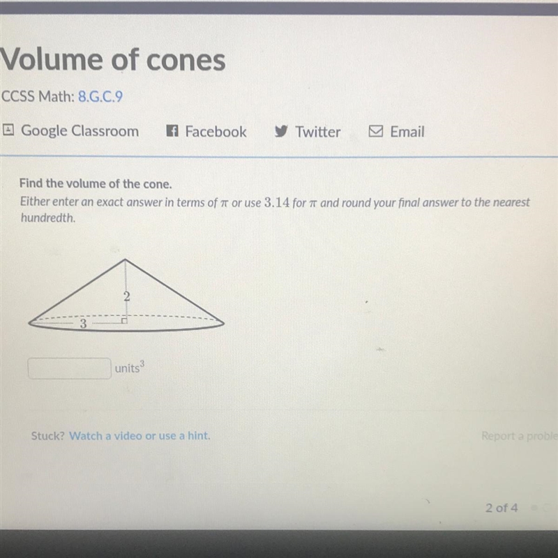 FIND the volume of a cone helppo-example-1