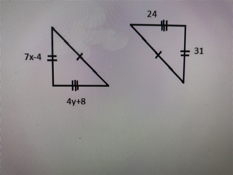 Find the values of x and y. Show your work pls (7x-4) (4y+8) 24 and 31-example-1