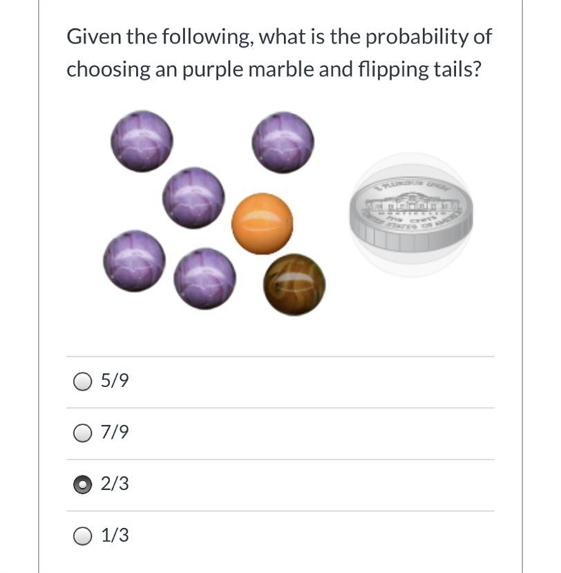 Given the following, what is the probability of choosing an purple marble and flipping-example-1