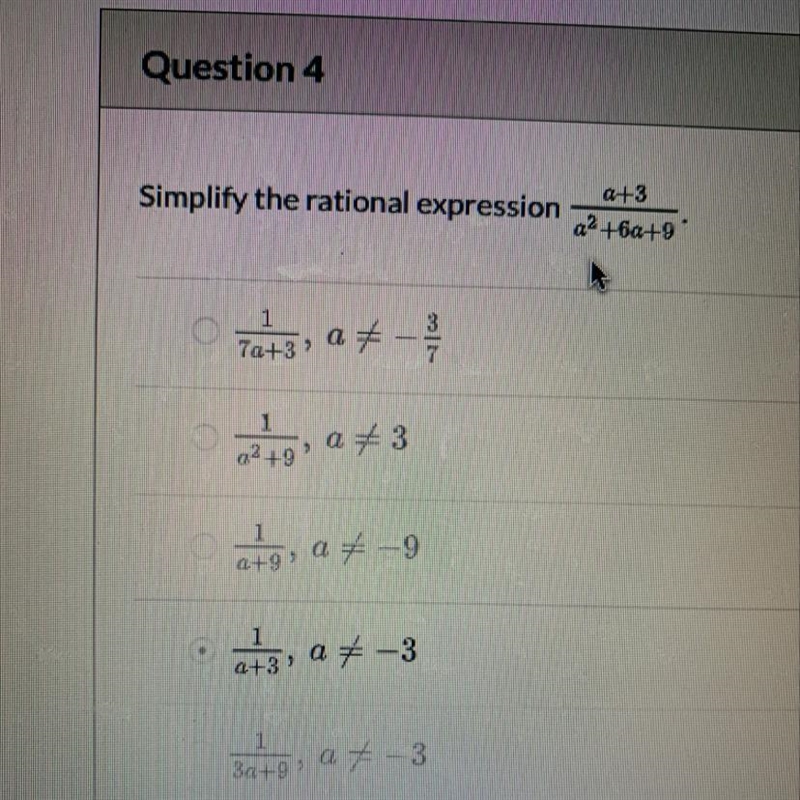 Simplify the rational expression a^2+3/a^2+6a+9-example-1