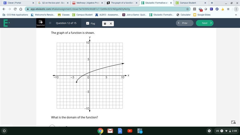 The graph of a function is shown. What is the domain of the function? A) x ≥−2 B) x-example-1