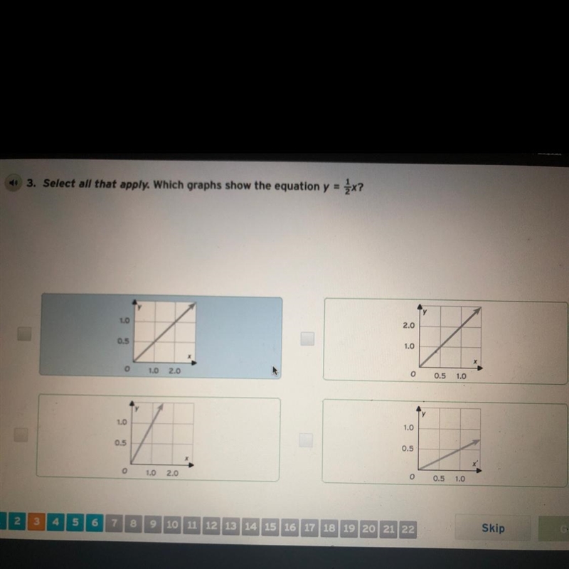 Which graphs show the equation y = 1/2x?-example-1