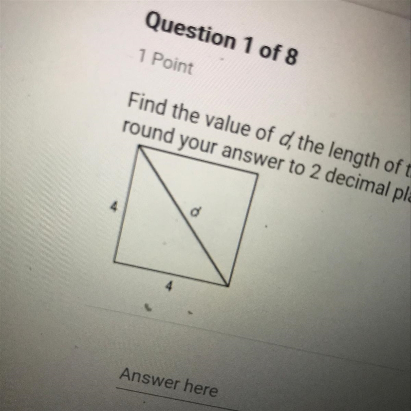 Find the value of d, the length of the diagonal across the square. If necessary, round-example-1