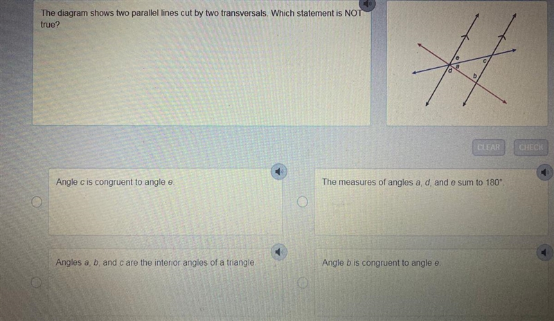 The diagram shows two parallel lines cut by two transversals which statement is not-example-1